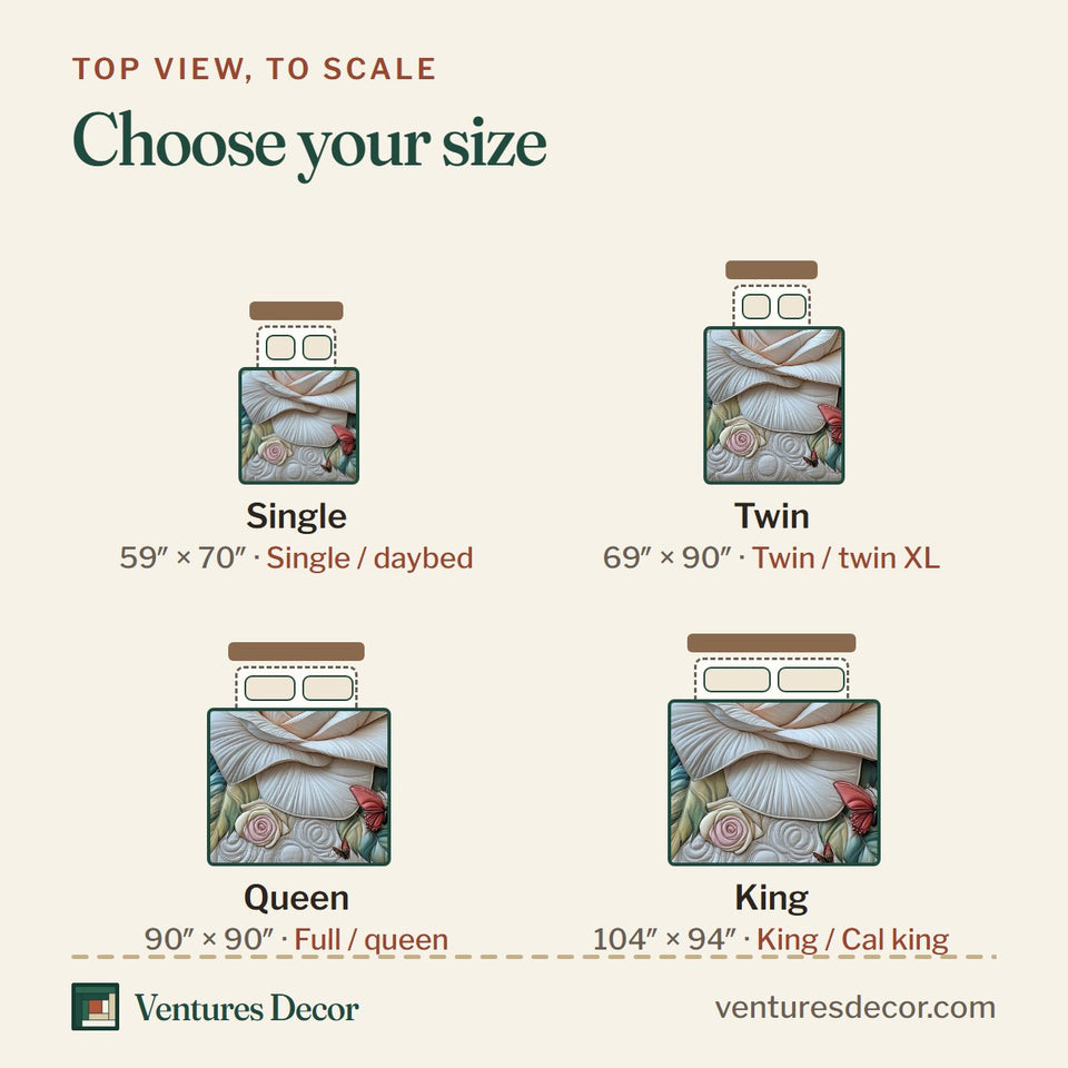 Size guide for the White Rose quilt, top view to scale: Single 59 x 70 in, Twin 69 x 90 in, Queen 90 x 90 in, King 104 x 94 in