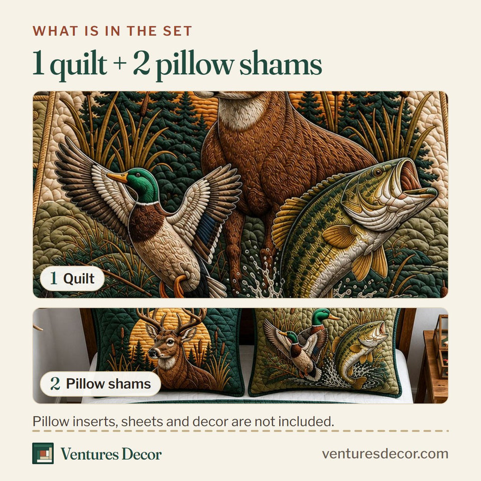 What is in the set: one quilt and two pillow shams, shown in the Whitetail Stream Crossing design