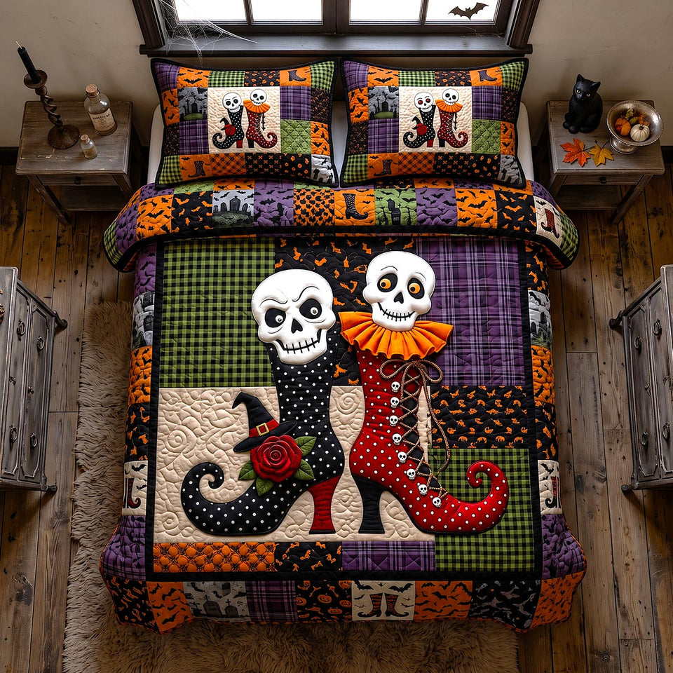 Wicked Magical Boots Skulls Above Red Boots quilted bedding set, quilt and two pillow shams on a made bed