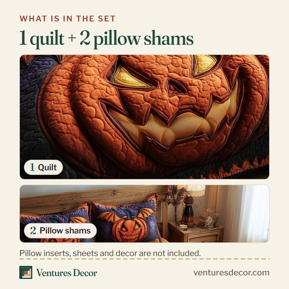 What is in the set: one quilt and two pillow shams, shown in the Wicked Pumpkin Glow Winged Jack-o-Lantern design