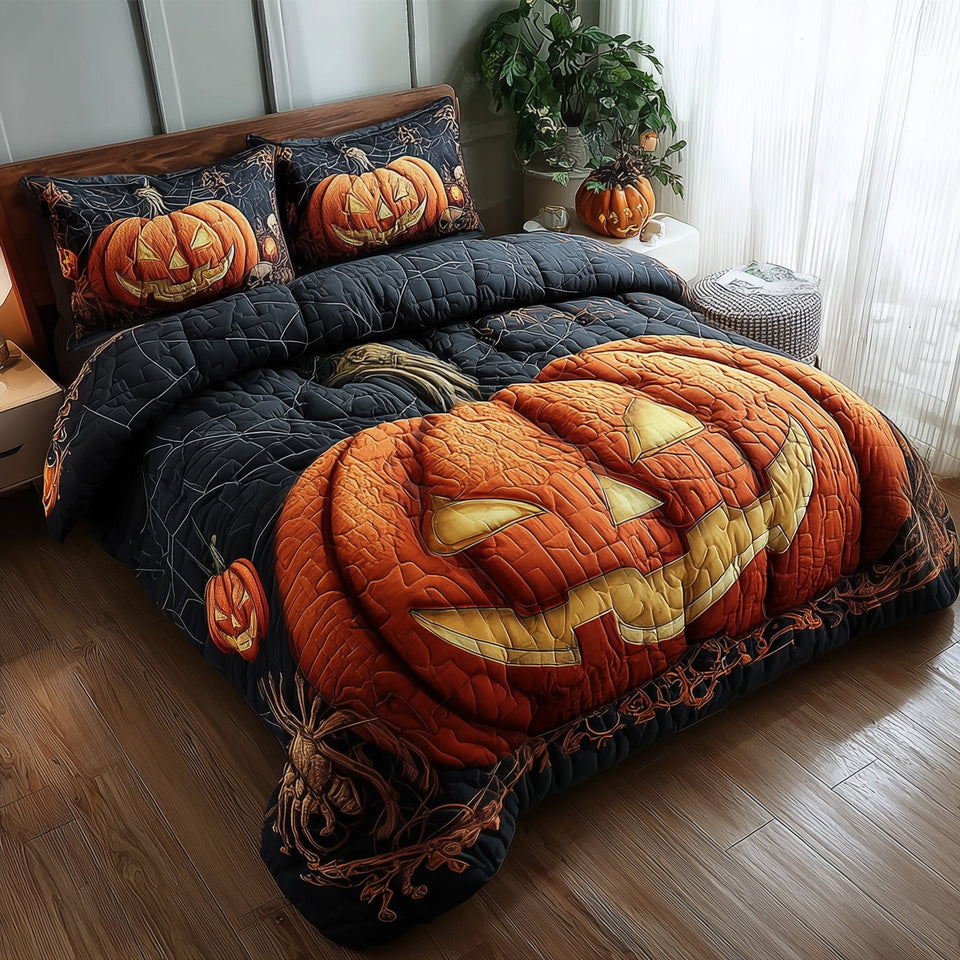 Wicked Pumpkin Grin Glow quilted bedding set, quilt and two pillow shams on a made bed
