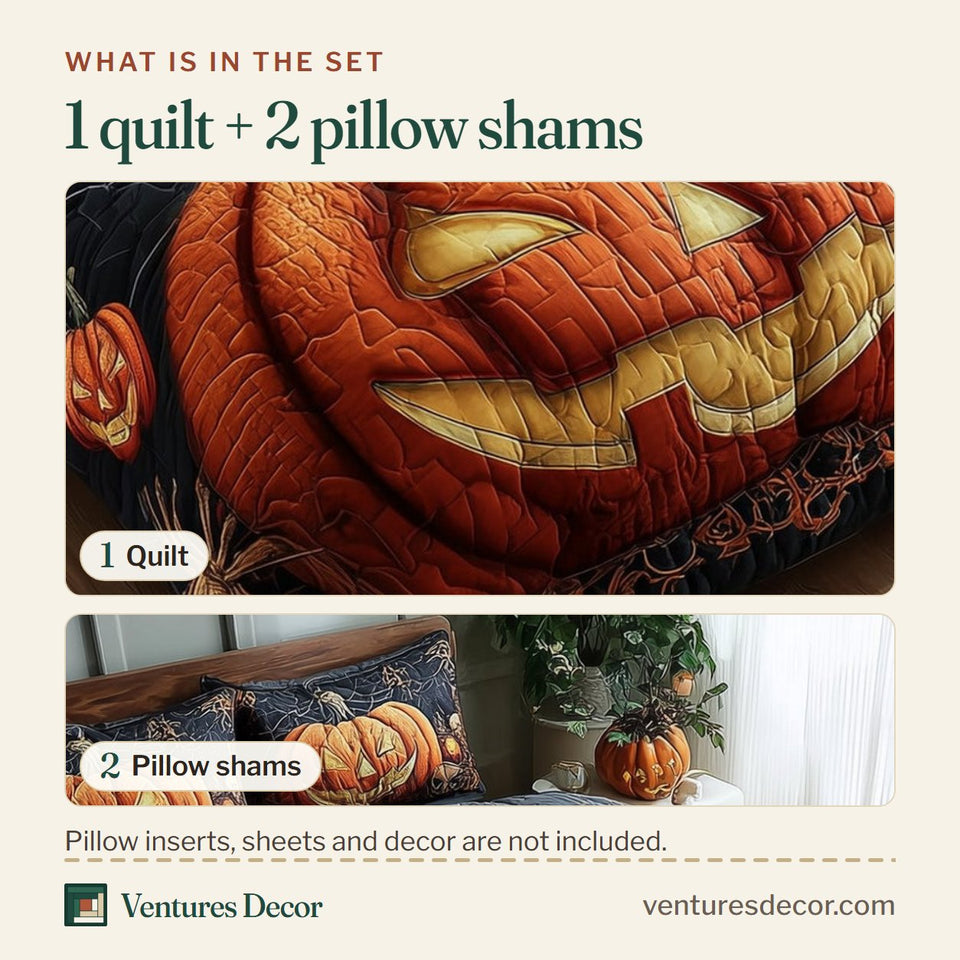 What is in the set: one quilt and two pillow shams, shown in the Wicked Pumpkin Grin Glow design