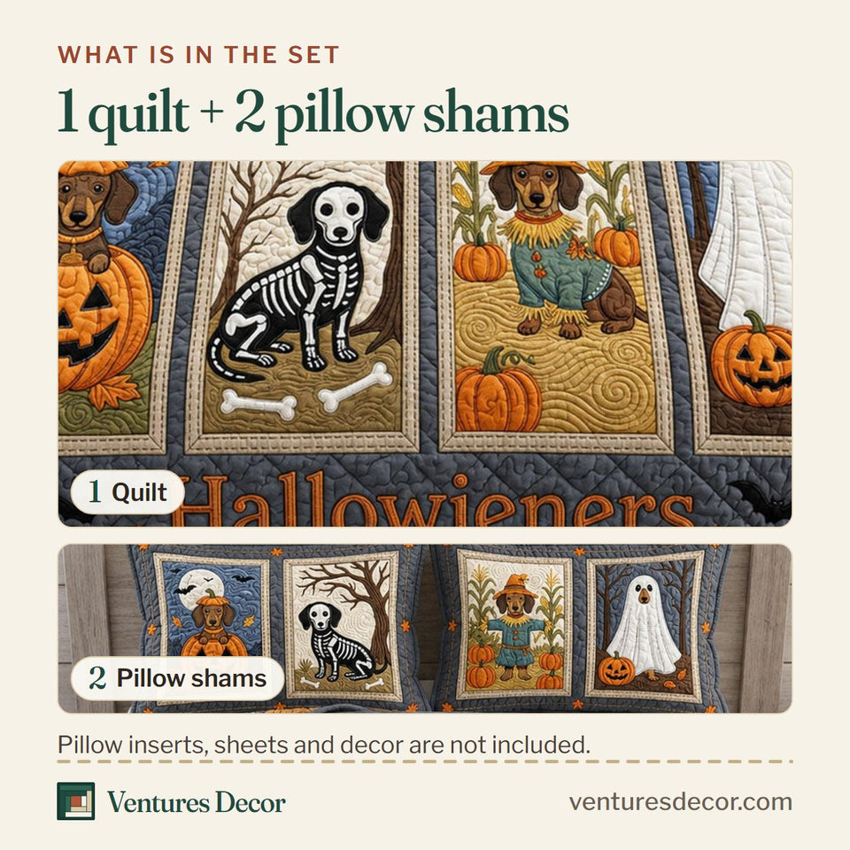 What is in the set: one quilt and two pillow shams, shown in the Wiener Dogs In Costumes design