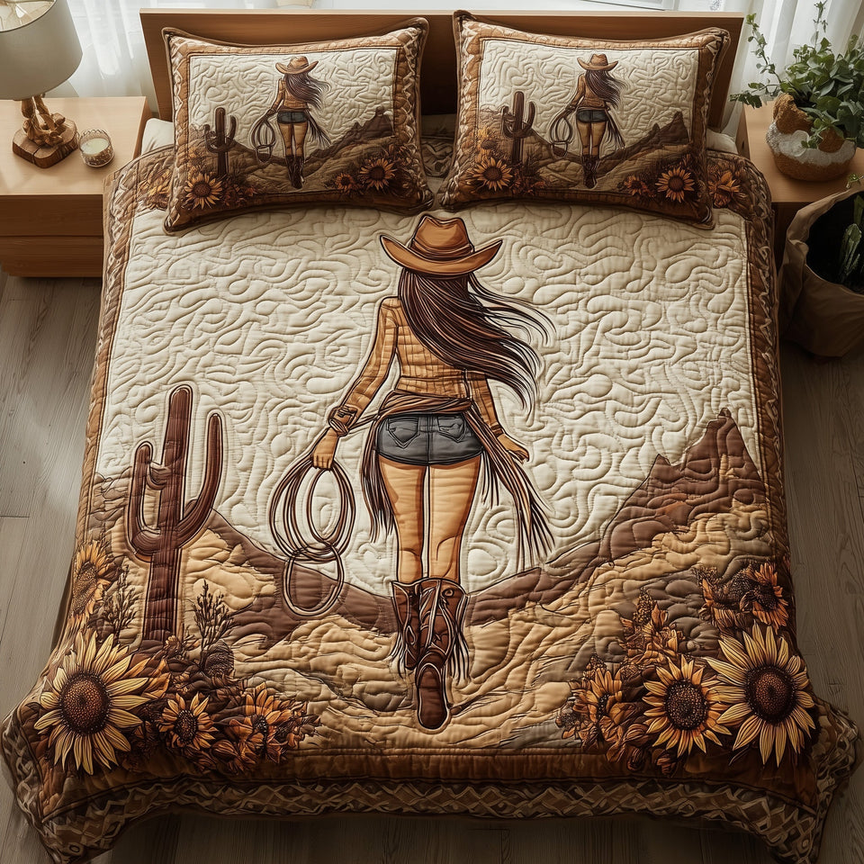 Wild and Free Cowgirl and Sunflowers quilted bedding set, quilt and two pillow shams on a made bed