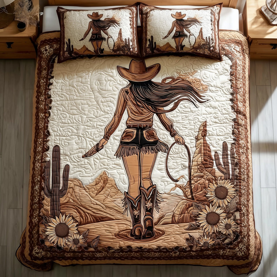 Wild and Free Cowgirl Heading Into the Canyon quilted bedding set, quilt and two pillow shams on a made bed
