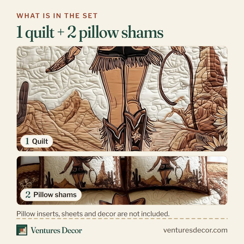 What is in the set: one quilt and two pillow shams, shown in the Wild and Free Cowgirl Heading Into the Canyon design