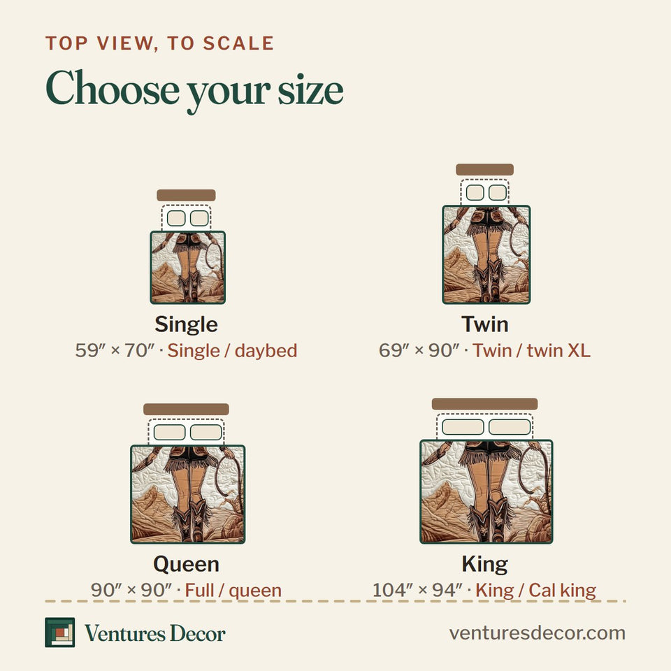 Size guide for the Wild and Free Cowgirl Heading Into the Canyon quilt, top view to scale: Single 59 x 70 in, Twin 69 x 90 in, Queen 90 x 90 in, King 104 x 94 in