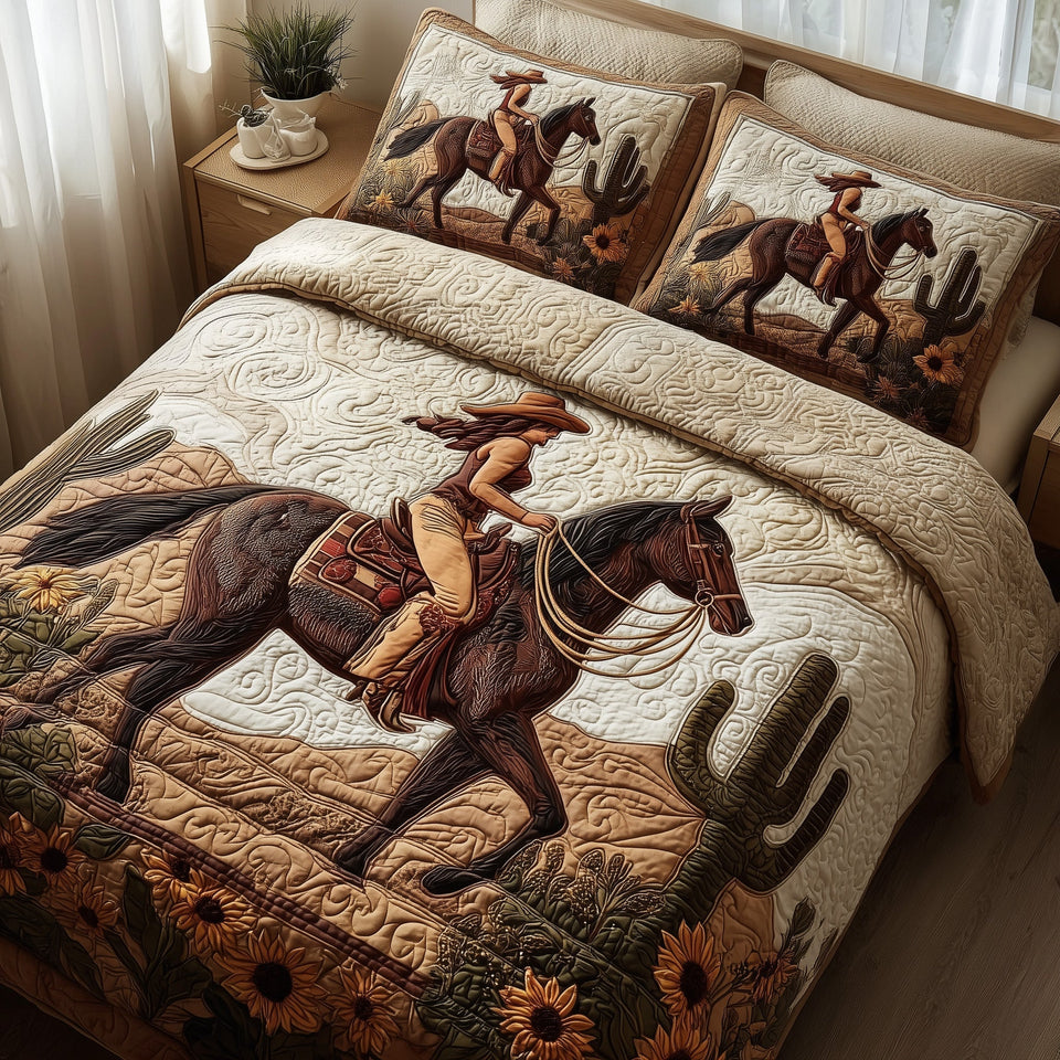 Wild and Free Cowgirl Roping by the Cactus quilted bedding set, quilt and two pillow shams on a made bed