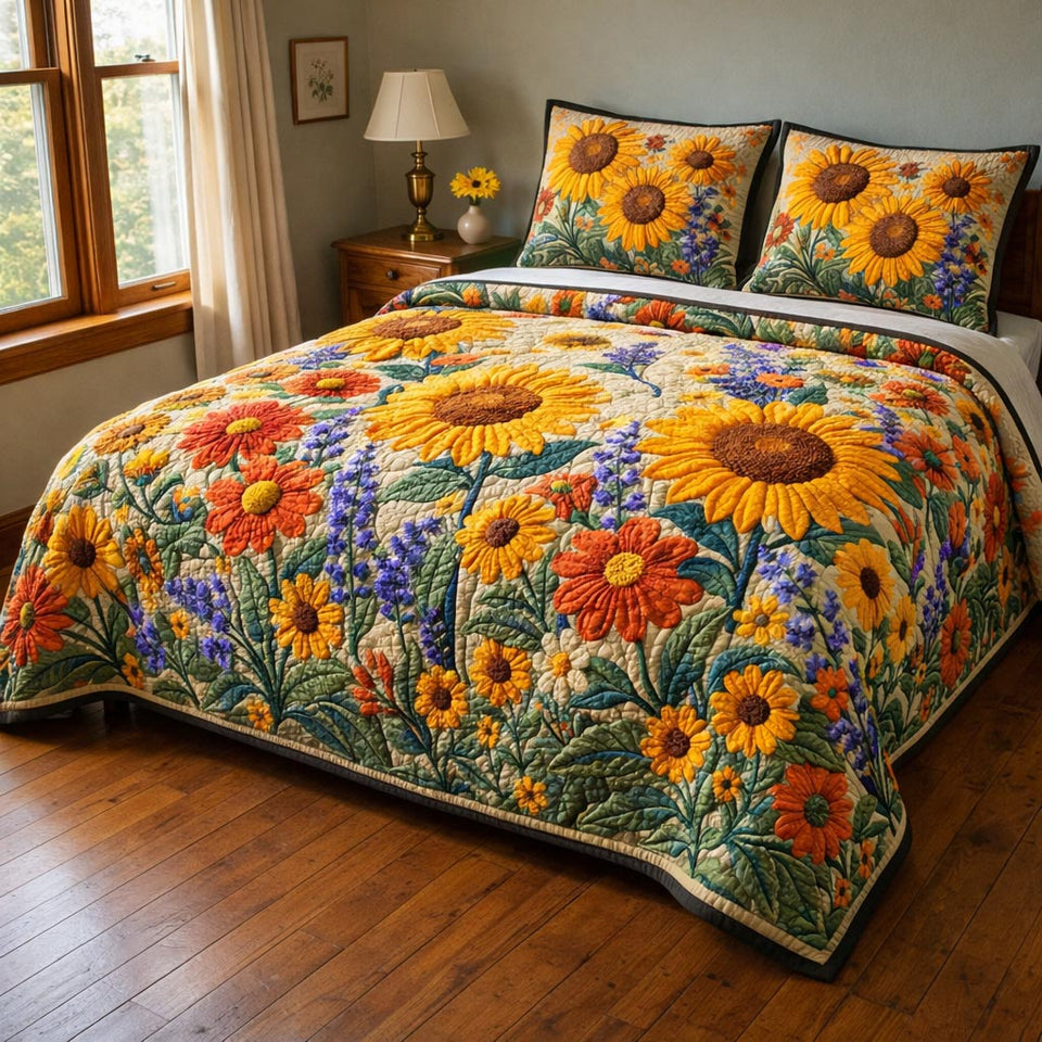 Wild Bloom Sunflowers And Purple Spires quilted bedding set, quilt and two pillow shams on a made bed