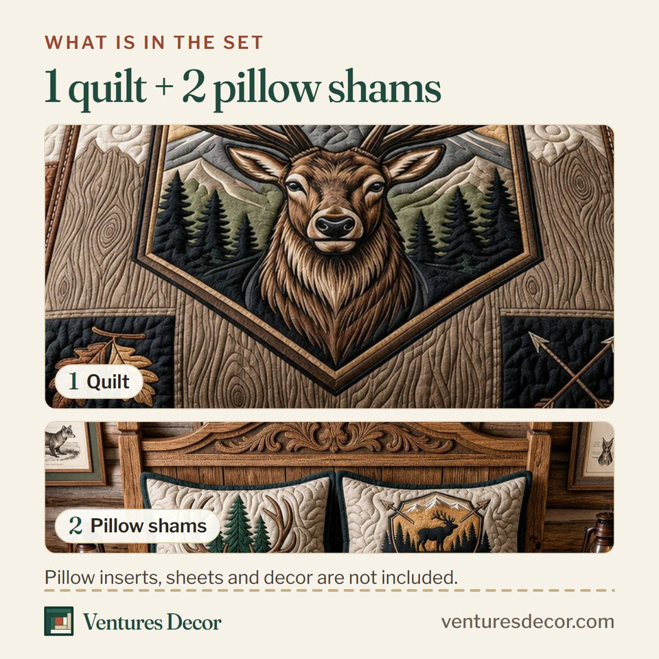 What is in the set: one quilt and two pillow shams, shown in the Wild Buck Crest Shield Patchwork design
