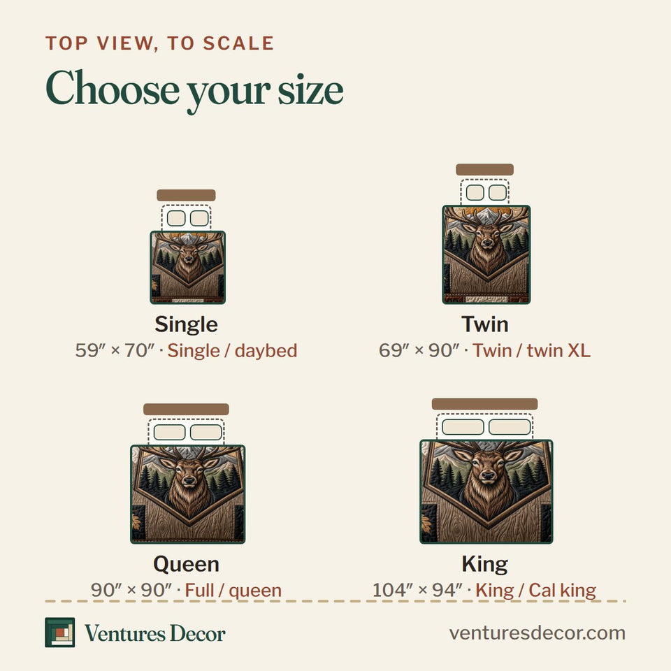 Size guide for the Wild Buck Crest Shield Patchwork quilt, top view to scale: Single 59 x 70 in, Twin 69 x 90 in, Queen 90 x 90 in, King 104 x 94 in