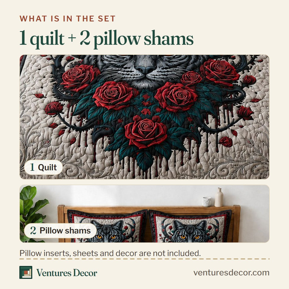 What is in the set: one quilt and two pillow shams, shown in the Wild Cat With Roses design
