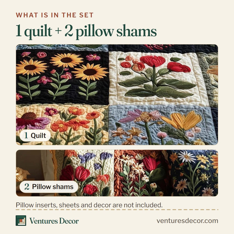 What is in the set: one quilt and two pillow shams, shown in the Wild Flora Navy Blocks With Daisies design