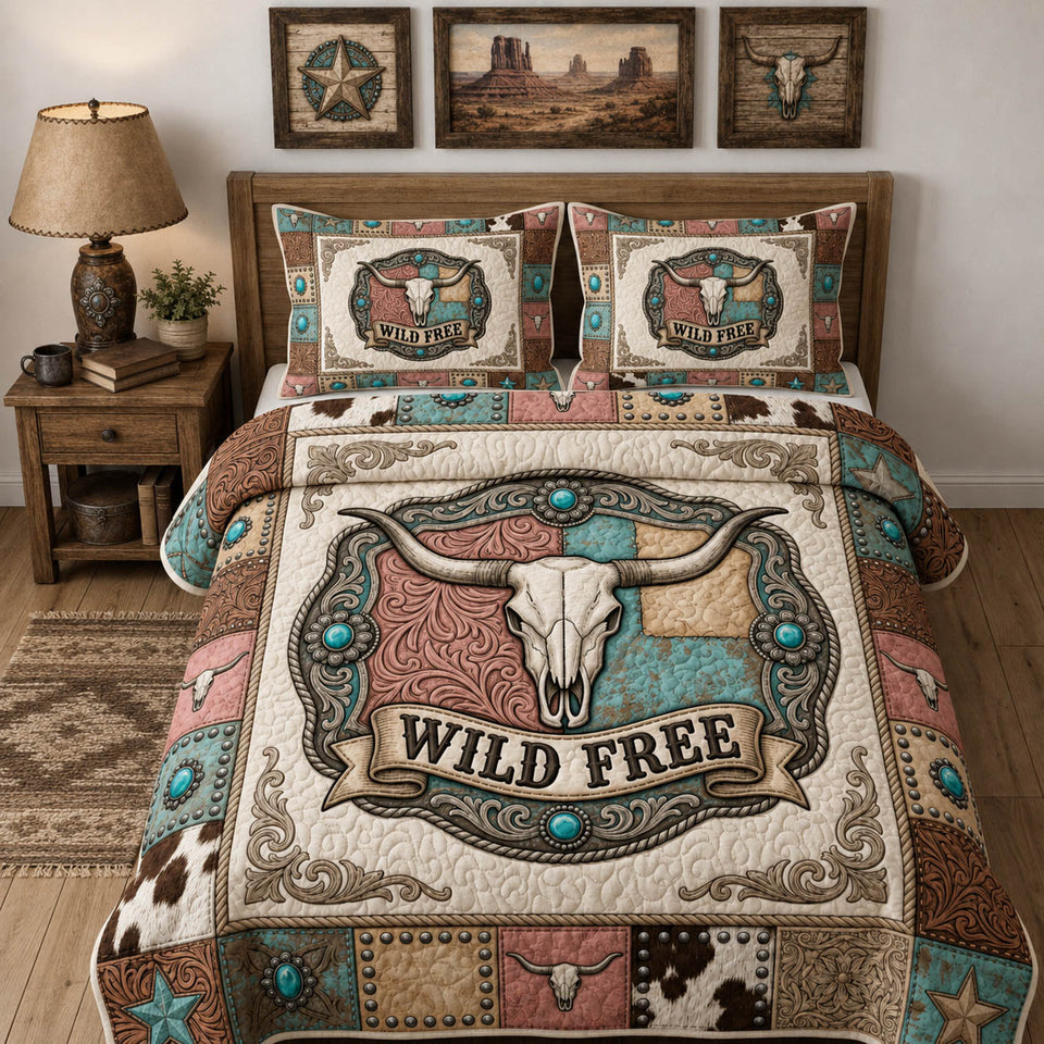 Wild Free Longhorn quilted bedding set, quilt and two pillow shams on a made bed