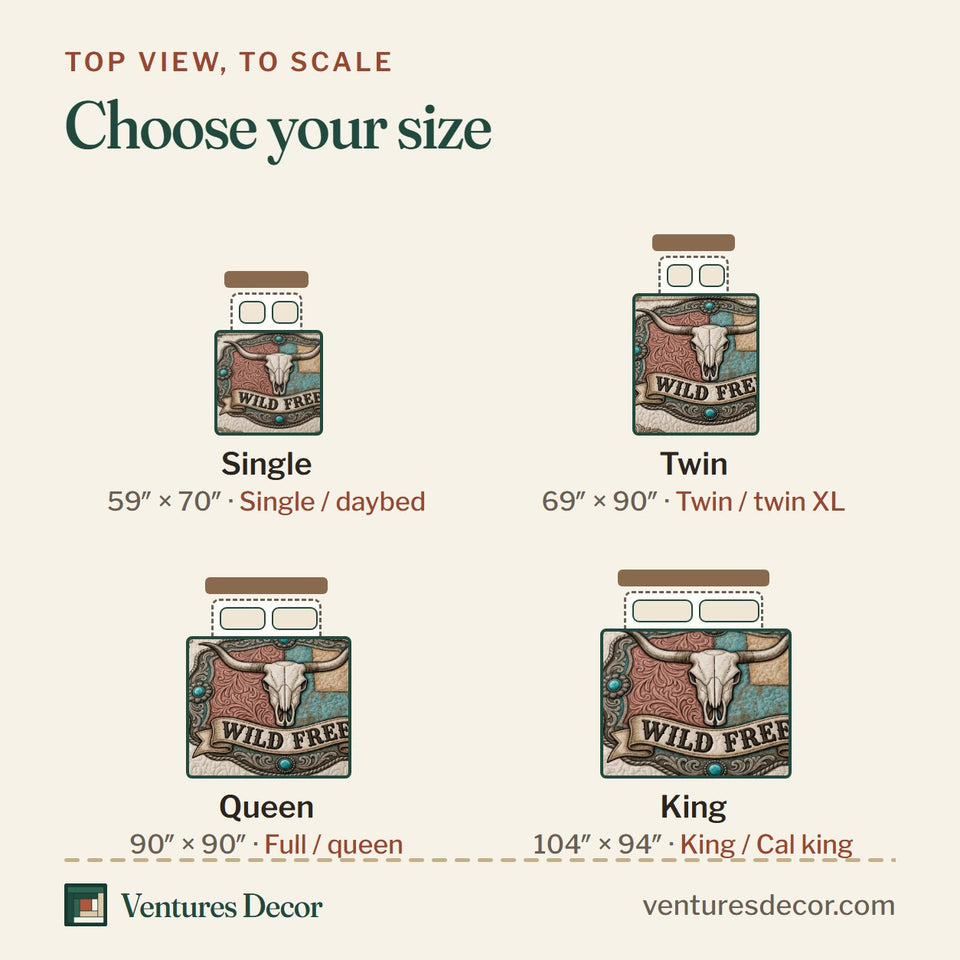 Size guide for the Wild Free Longhorn quilt, top view to scale: Single 59 x 70 in, Twin 69 x 90 in, Queen 90 x 90 in, King 104 x 94 in