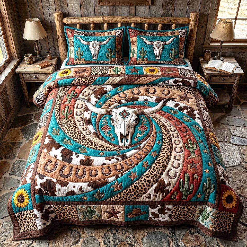 Wild Frontier Longhorn On Swirling Hide quilted bedding set, quilt and two pillow shams on a made bed