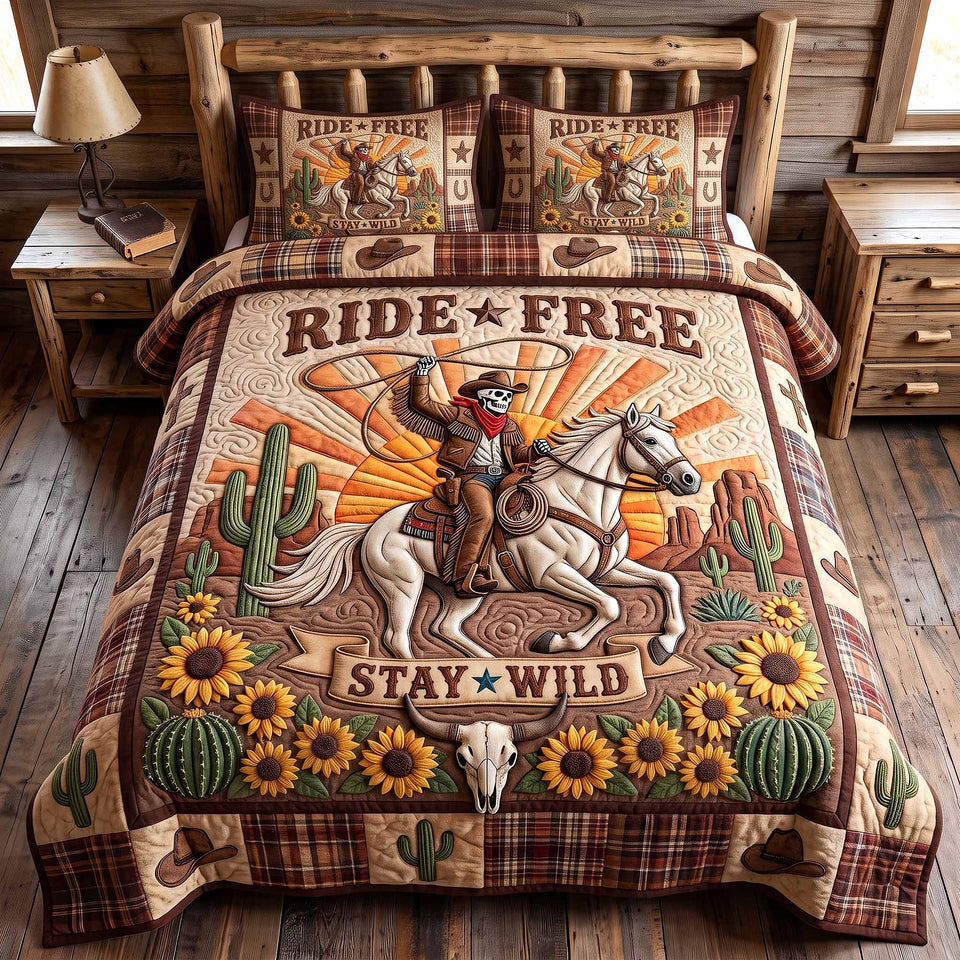 Wild Frontier Ride Free With Sunflowers quilted bedding set, quilt and two pillow shams on a made bed