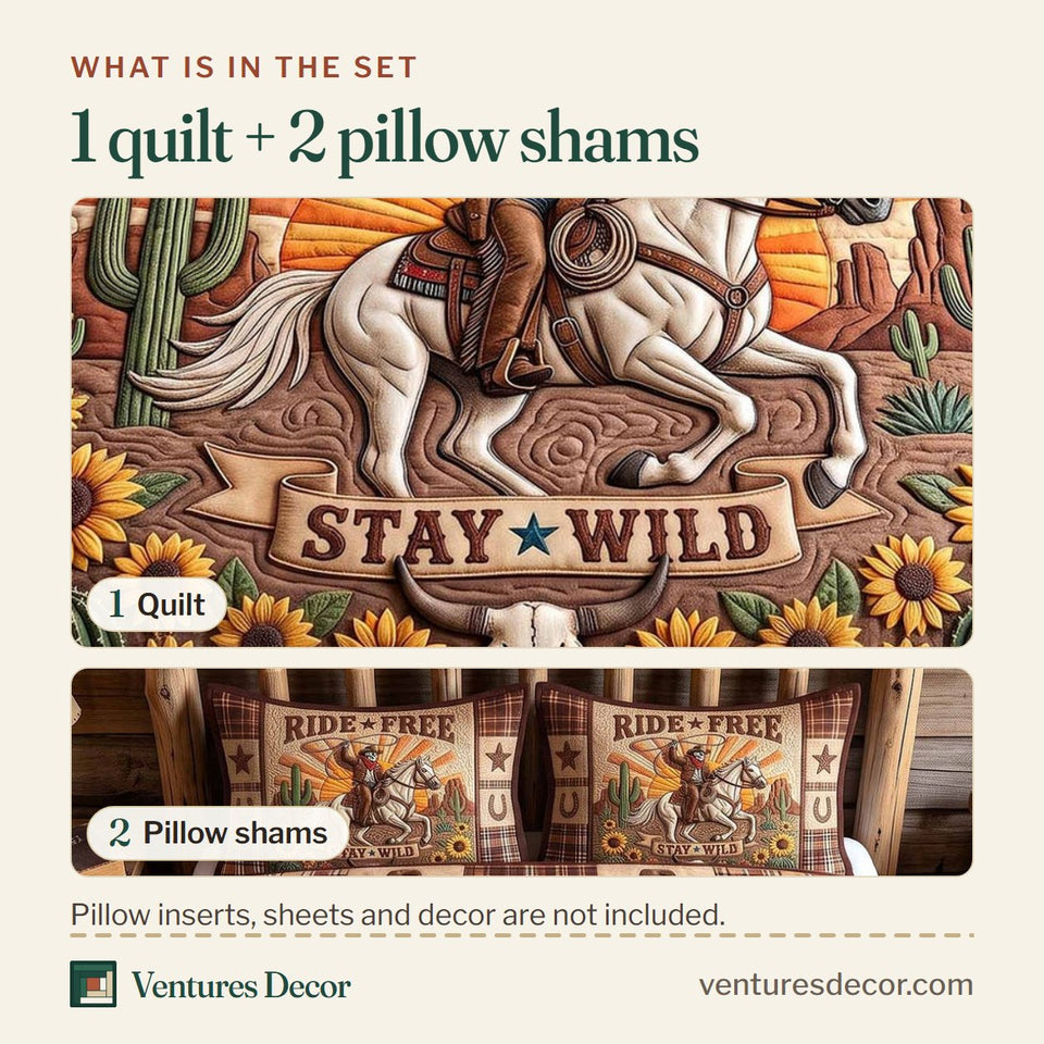 What is in the set: one quilt and two pillow shams, shown in the Wild Frontier Ride Free With Sunflowers design