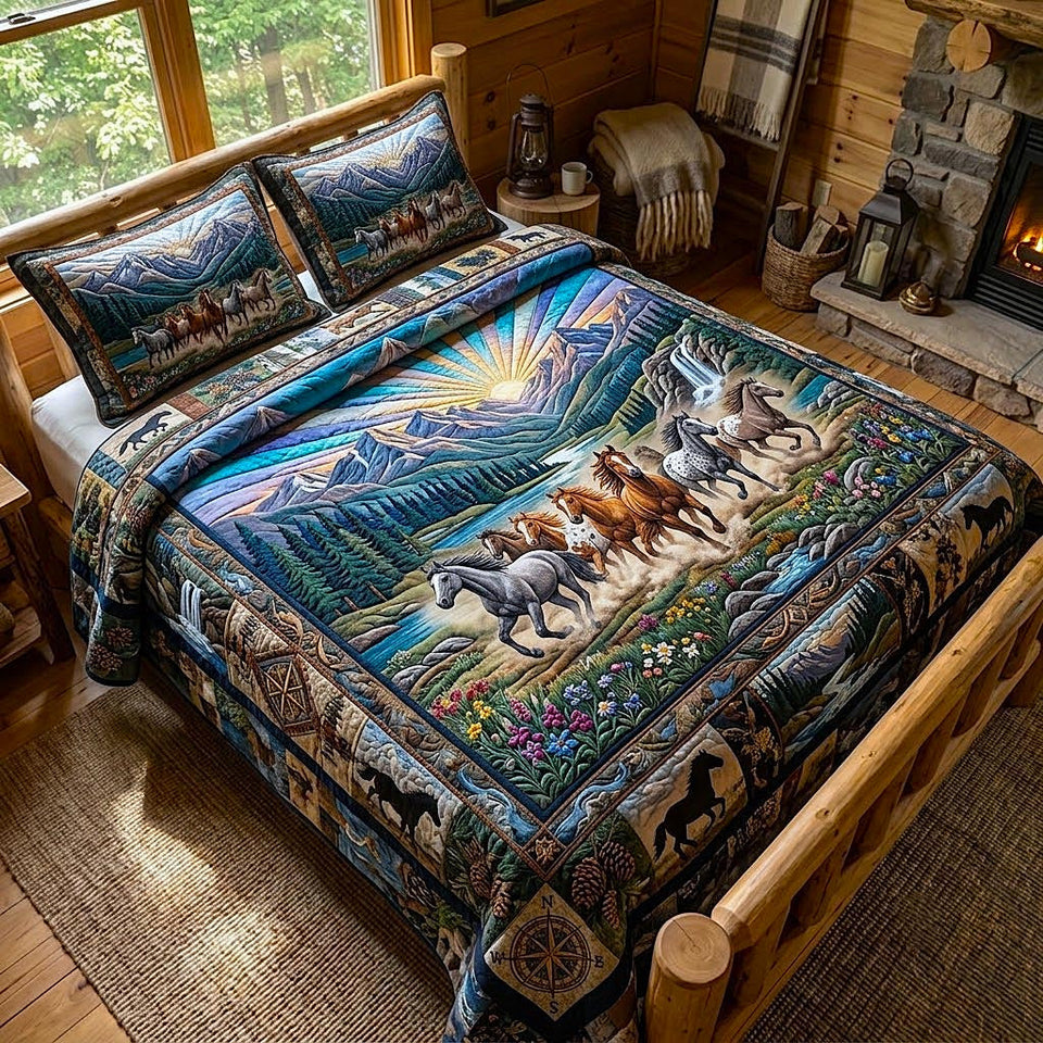 Wild Herd River Run quilted bedding set, quilt and two pillow shams on a made bed
