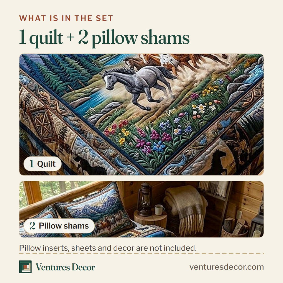 What is in the set: one quilt and two pillow shams, shown in the Wild Herd River Run design