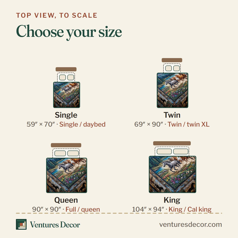 Size guide for the Wild Herd River Run quilt, top view to scale: Single 59 x 70 in, Twin 69 x 90 in, Queen 90 x 90 in, King 104 x 94 in