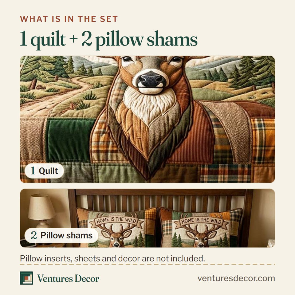 What is in the set: one quilt and two pillow shams, shown in the Wild Homestead design