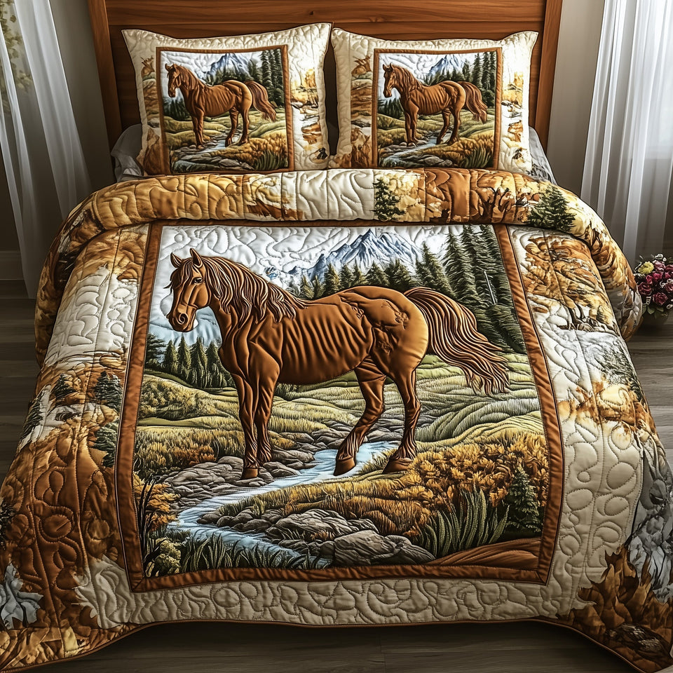 Wild Horse Chestnut By The Stream quilted bedding set, quilt and two pillow shams on a made bed