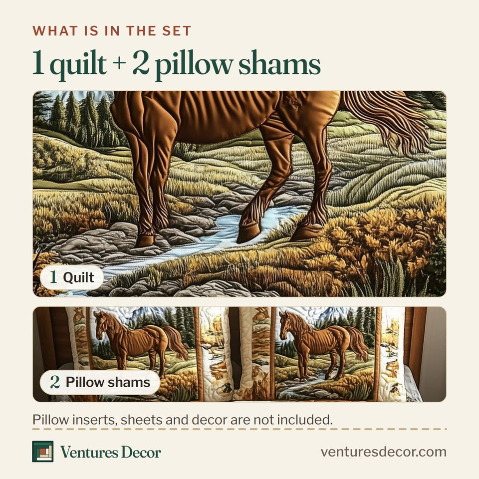 What is in the set: one quilt and two pillow shams, shown in the Wild Horse Chestnut By The Stream design
