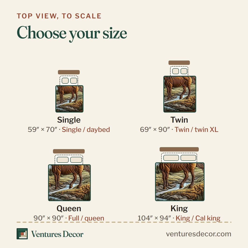 Size guide for the Wild Horse Chestnut By The Stream quilt, top view to scale: Single 59 x 70 in, Twin 69 x 90 in, Queen 90 x 90 in, King 104 x 94 in