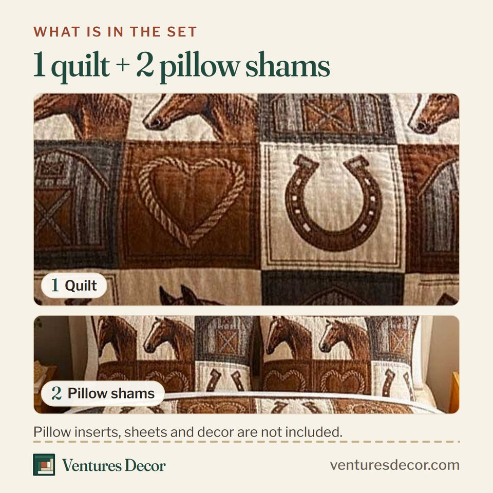 What is in the set: one quilt and two pillow shams, shown in the Wild Horse Horseshoe Checkerboard design