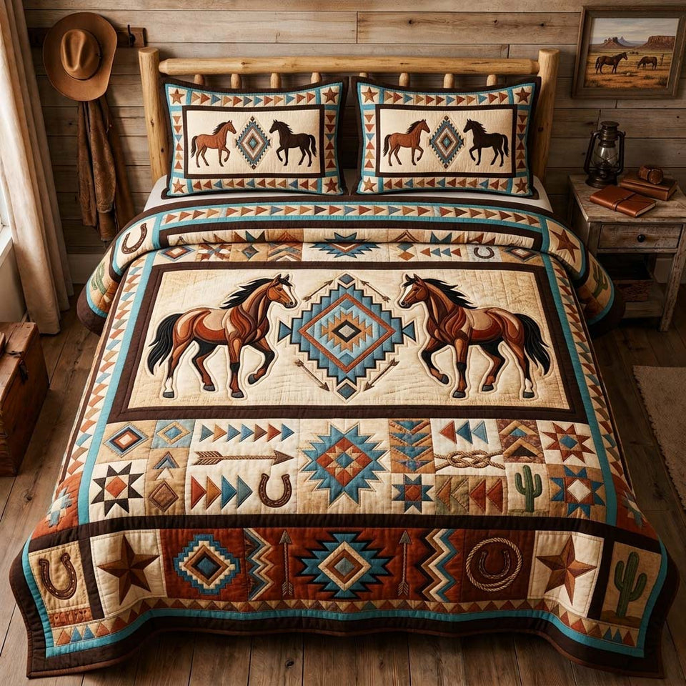 Wild Horse Lineup quilted bedding set, quilt and two pillow shams on a made bed