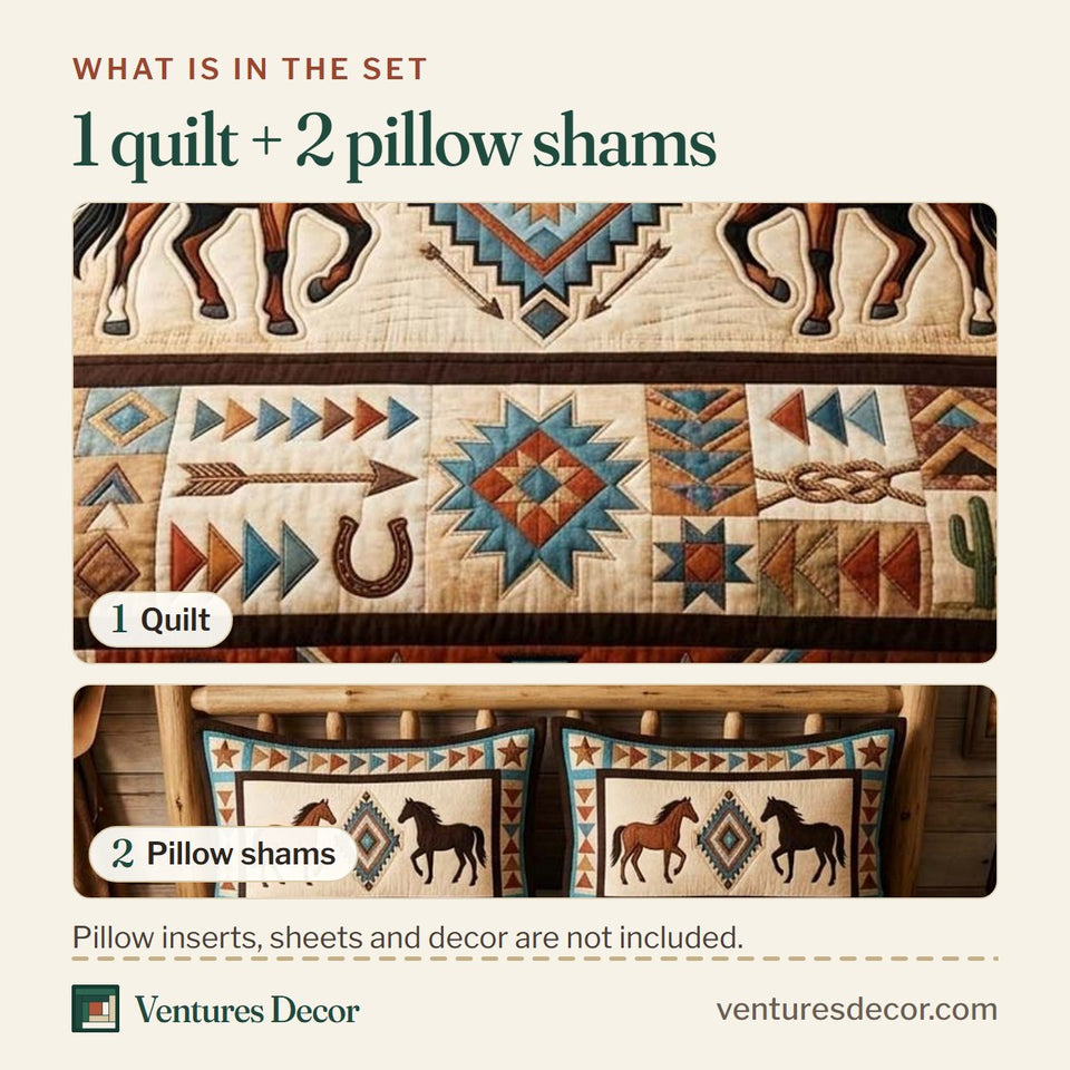 What is in the set: one quilt and two pillow shams, shown in the Wild Horse Lineup design