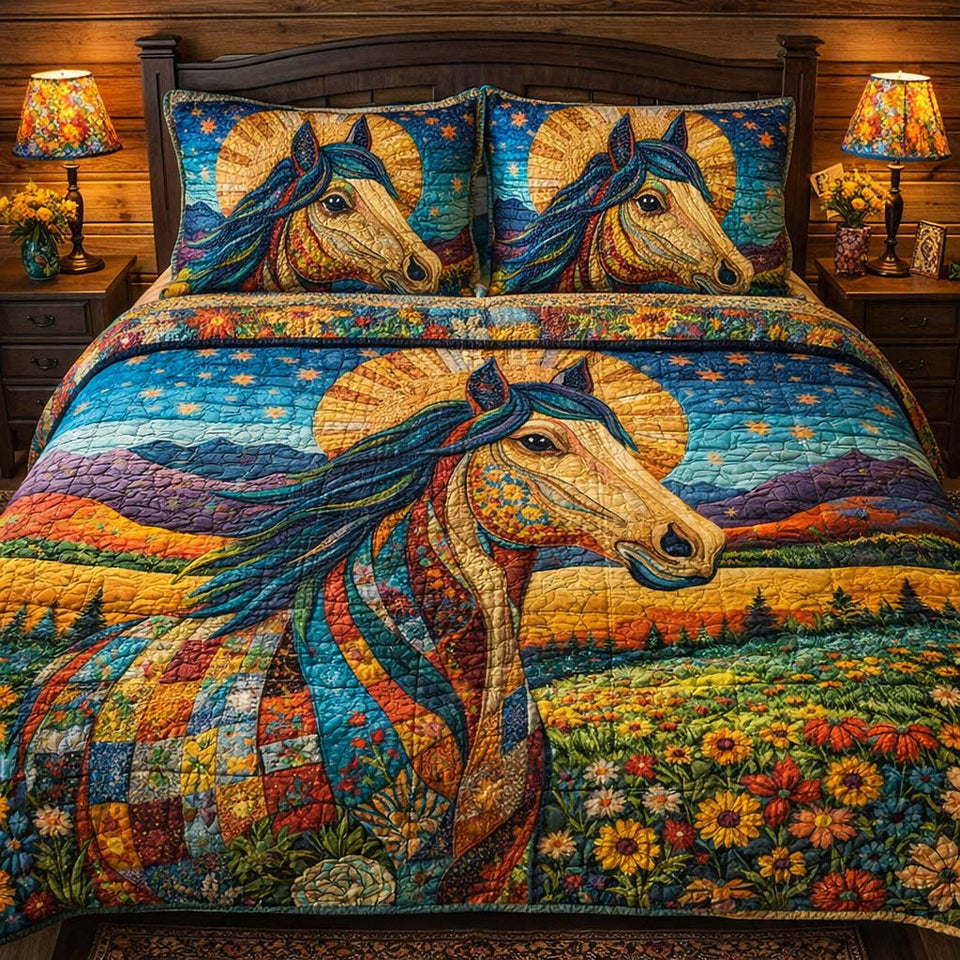 Wild Horse Meadow quilted bedding set, quilt and two pillow shams on a made bed