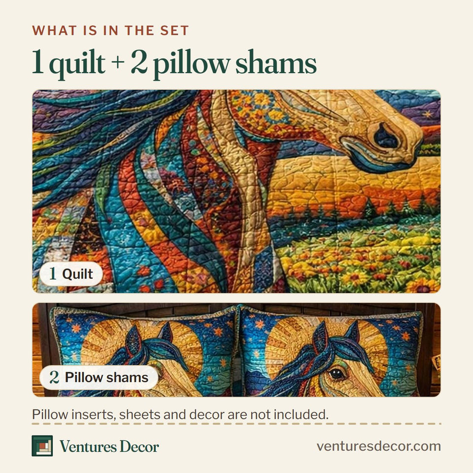 What is in the set: one quilt and two pillow shams, shown in the Wild Horse Meadow design