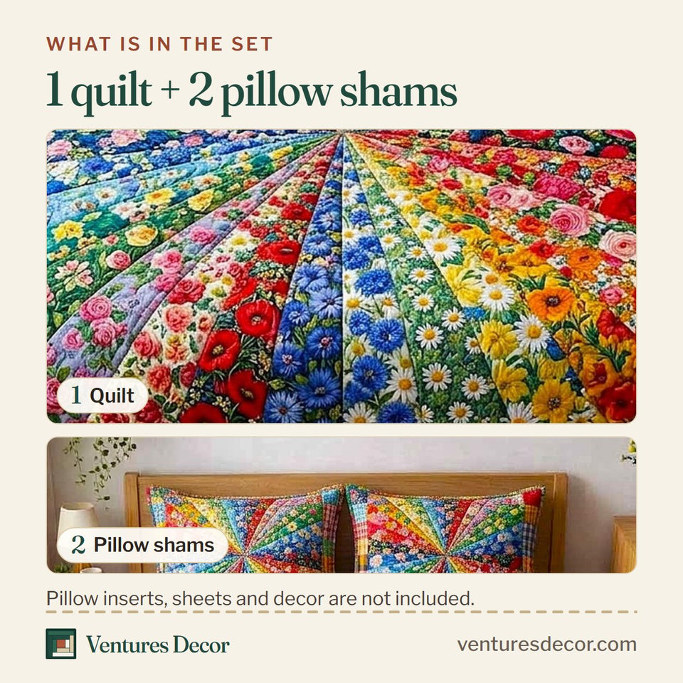 What is in the set: one quilt and two pillow shams, shown in the Wild Meadow Bright Scrap Star Patchwork design