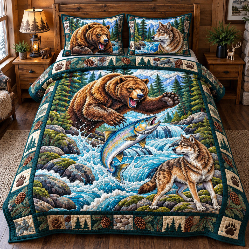 Wild River Adventure quilted bedding set, quilt and two pillow shams on a made bed