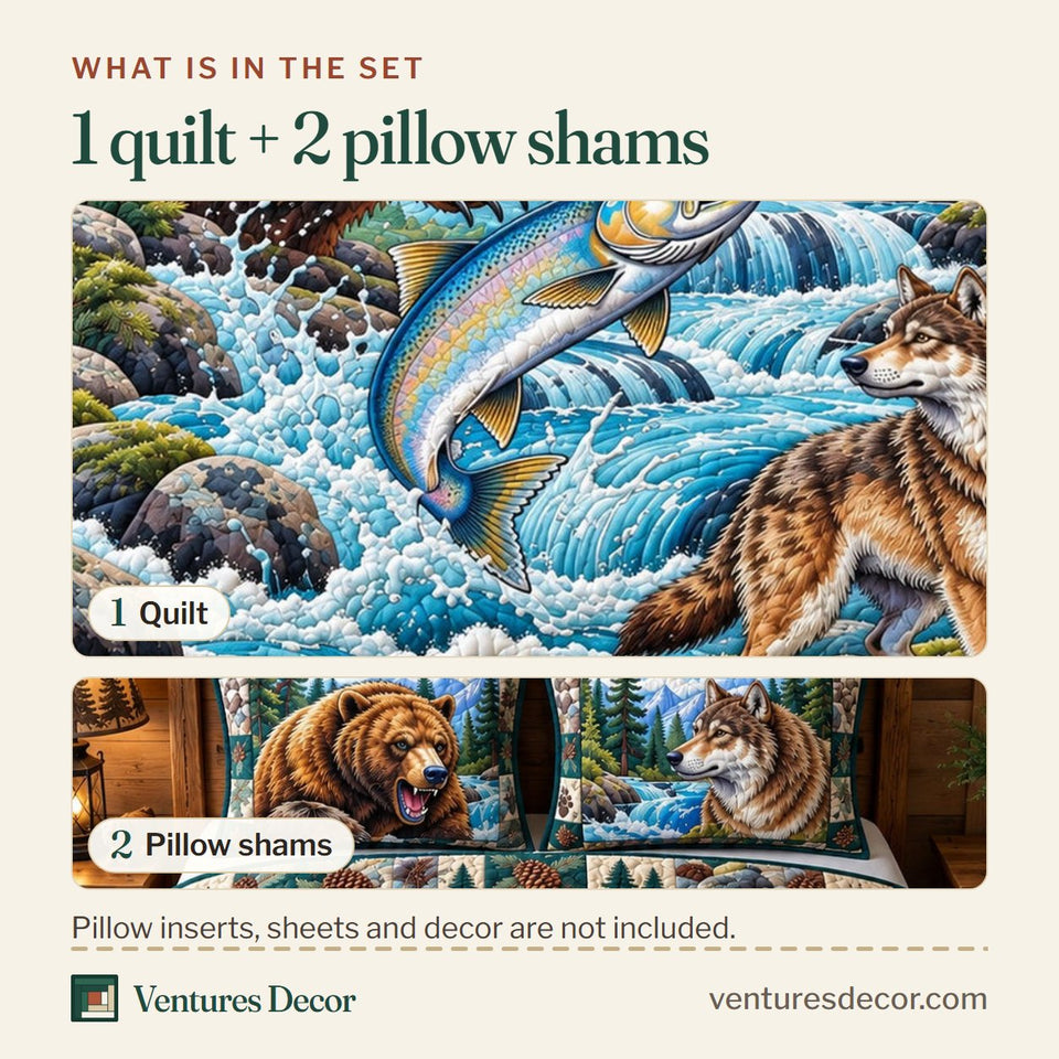 What is in the set: one quilt and two pillow shams, shown in the Wild River Adventure Quilt Set, 3-Piece Quilted Bedding with 2 Pillow Shams design