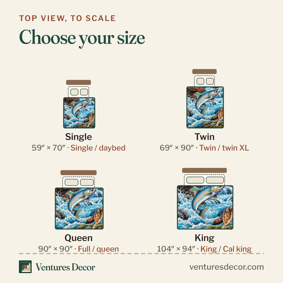 Size guide for the Wild River Adventure Quilt Set, 3-Piece Quilted Bedding with 2 Pillow Shams quilt, top view to scale: Single 59 x 70 in, Twin 69 x 90 in, Queen 90 x 90 in, King 104 x 94 in
