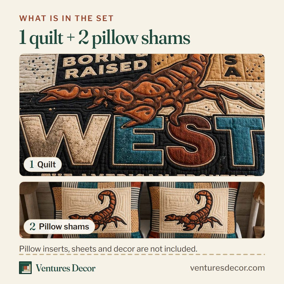 What is in the set: one quilt and two pillow shams, shown in the Wild Scorpion West design
