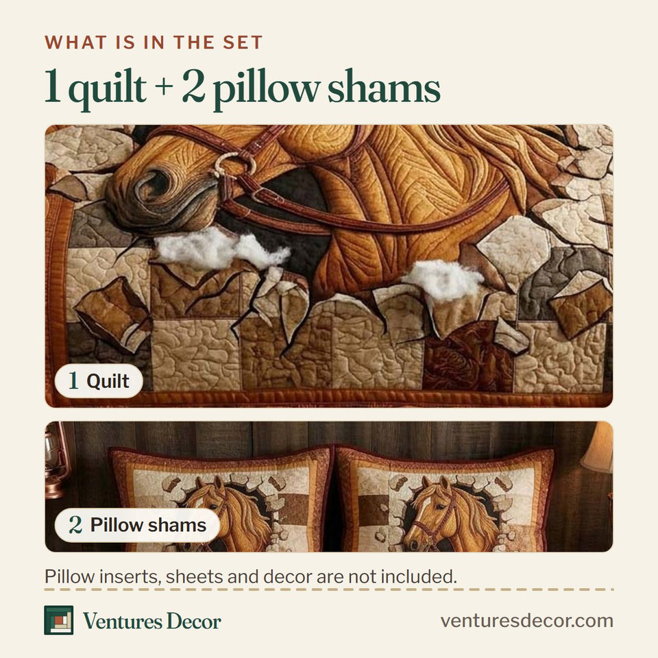 What is in the set: one quilt and two pillow shams, shown in the Wild Stallion Breaking Through the Quilt design