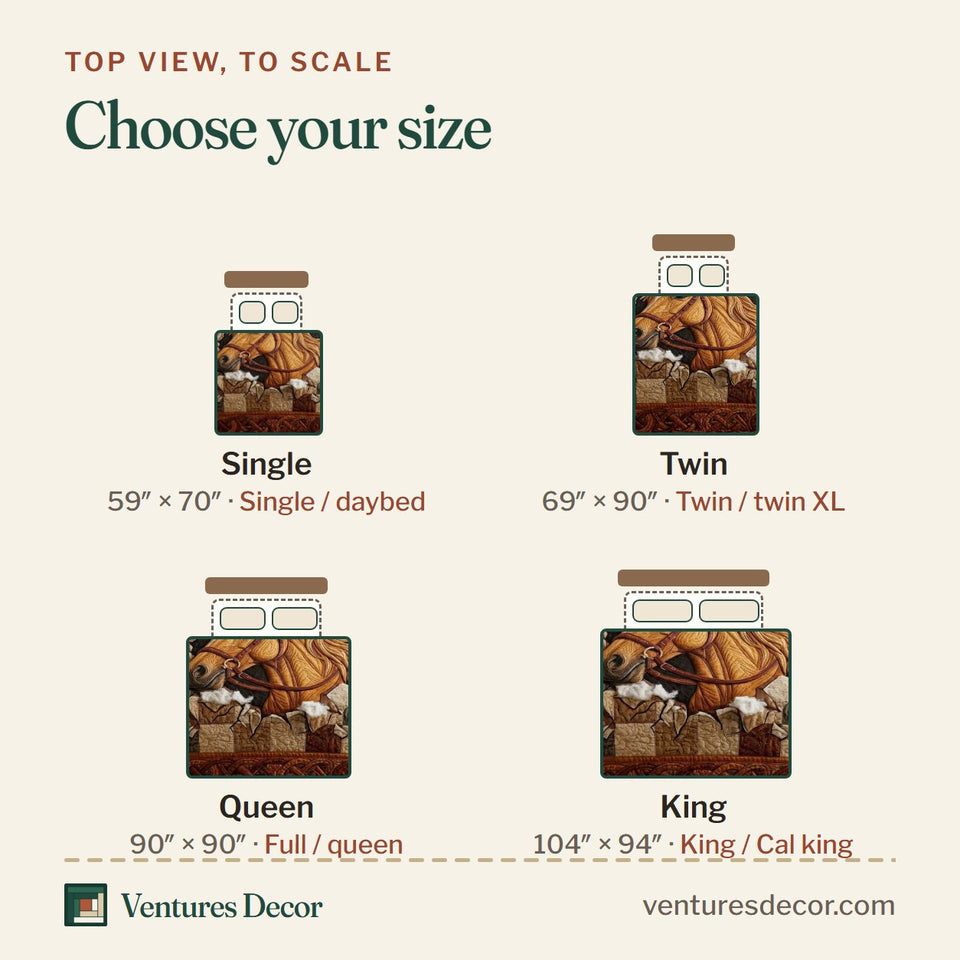Size guide for the Wild Stallion Breaking Through the Quilt quilt, top view to scale: Single 59 x 70 in, Twin 69 x 90 in, Queen 90 x 90 in, King 104 x 94 in