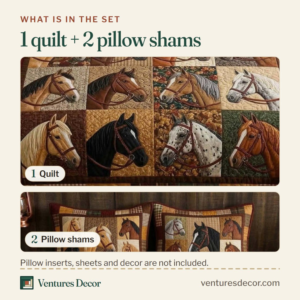 What is in the set: one quilt and two pillow shams, shown in the Wild Stallion Portrait Block Sampler design