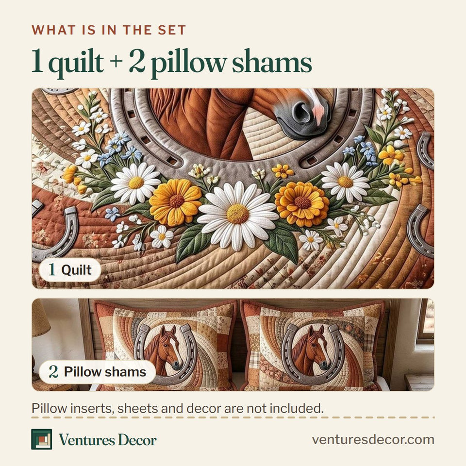 What is in the set: one quilt and two pillow shams, shown in the Wild West Horseshoe Sunflower Wreath Horse design