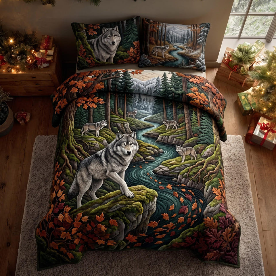 Wild Wolf quilted bedding set, quilt and two pillow shams on a made bed