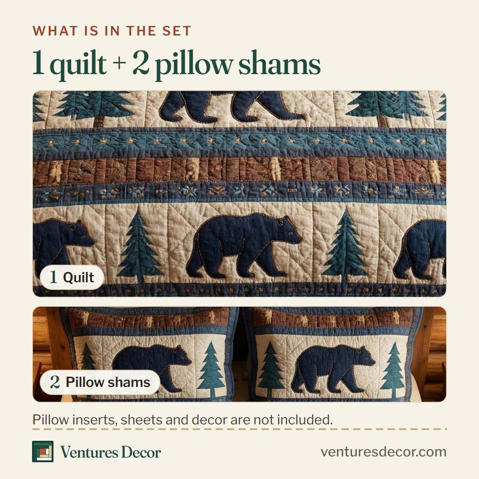 What is in the set: one quilt and two pillow shams, shown in the Wilderness Quilt design