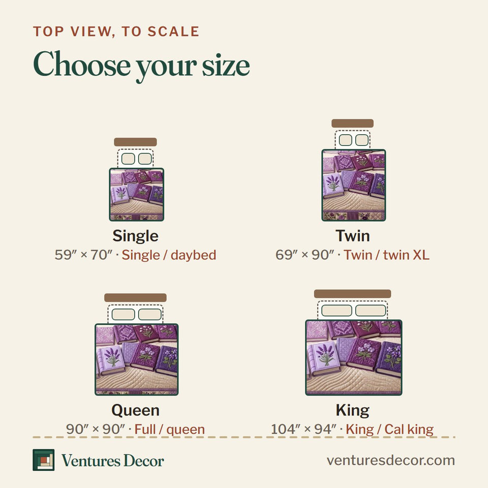 Size guide for the Wildflower Books Violet Volumes Scattered quilt, top view to scale: Single 59 x 70 in, Twin 69 x 90 in, Queen 90 x 90 in, King 104 x 94 in