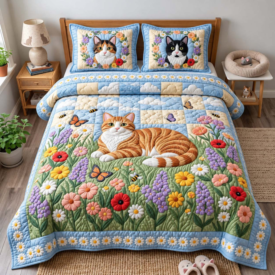 Wildflower Cat quilted bedding set, quilt and two pillow shams on a made bed