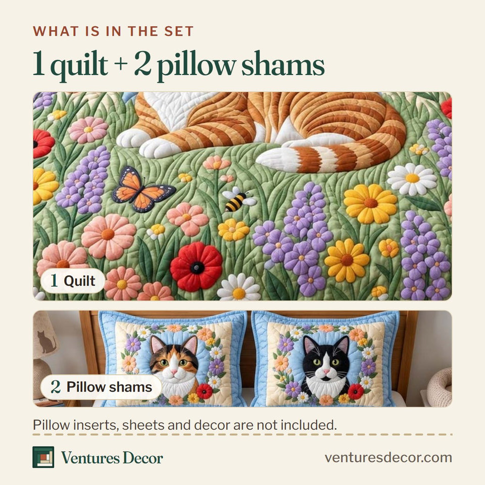 What is in the set: one quilt and two pillow shams, shown in the Wildflower Cat design