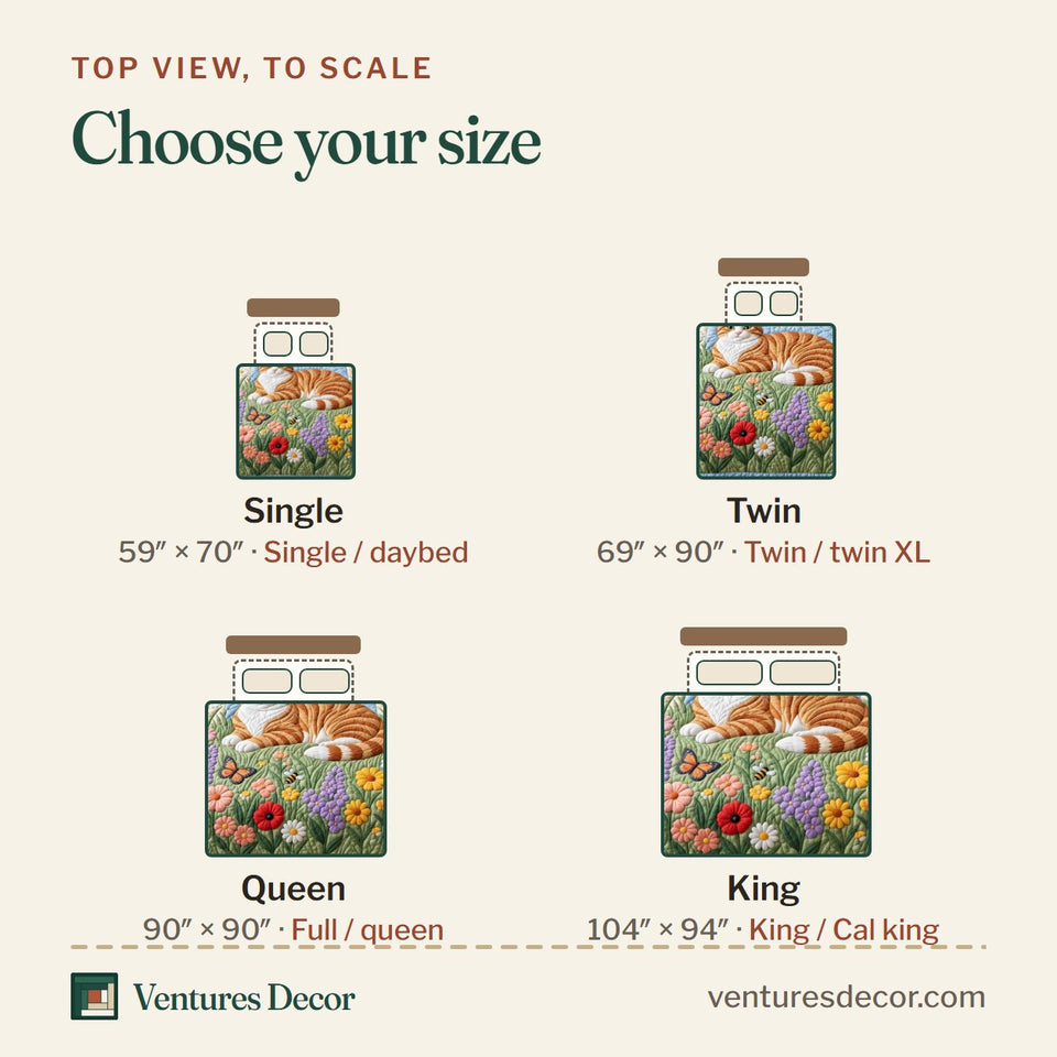 Size guide for the Wildflower Cat quilt, top view to scale: Single 59 x 70 in, Twin 69 x 90 in, Queen 90 x 90 in, King 104 x 94 in