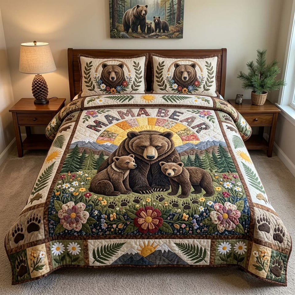 Wildflower Mama Bear Legacy quilted bedding set, quilt and two pillow shams on a made bed